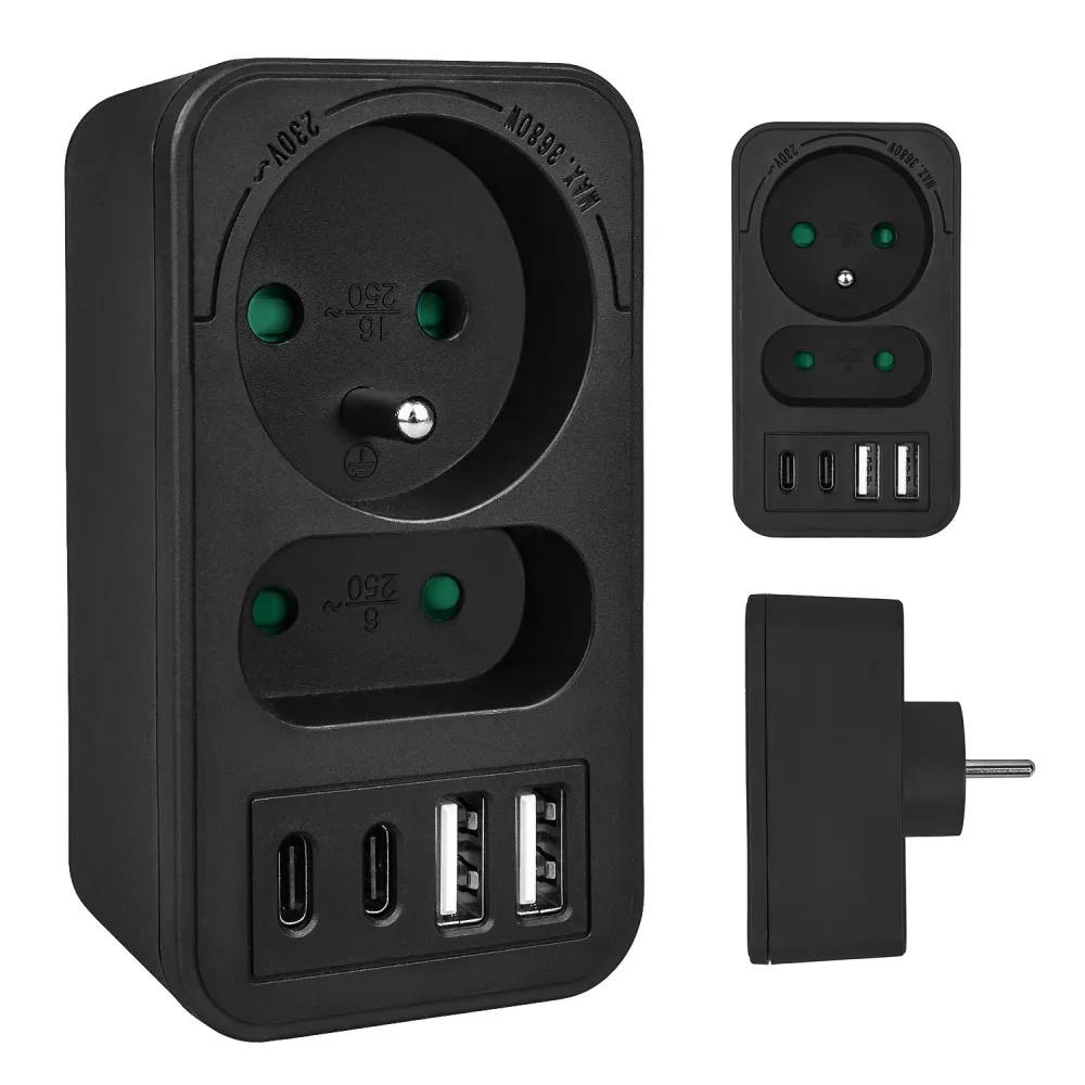 Maclean strömuttag x2 + 4xUSB, splitter med 2 uttag, 2xUSB , 2xUSB C PD 20W, 1x16A + 1x6A, MCE249 F/B