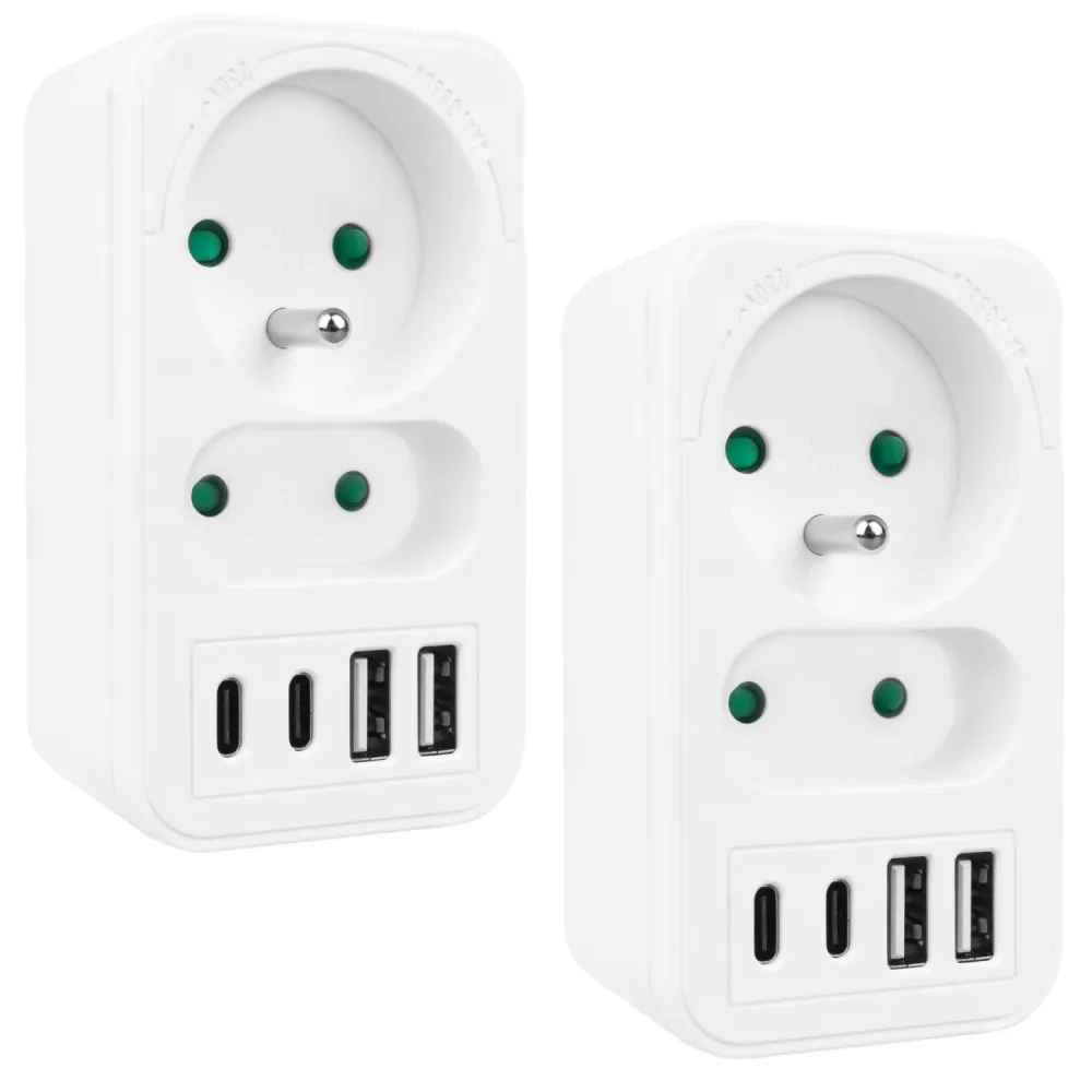 Maclean strömuttag x2 + 4xUSB, splitter med 2 uttag, 2xUSB , 2xUSB C PD 20W, 1x16A + 1x6A, MCE249 F/W, 2 st