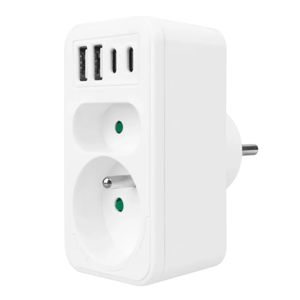 Maclean strömuttag x2 + 4xUSB, splitter med 2 uttag, 2xUSB , 2xUSB C PD 20W, 1x16A + 1x6A, MCE249 F/W