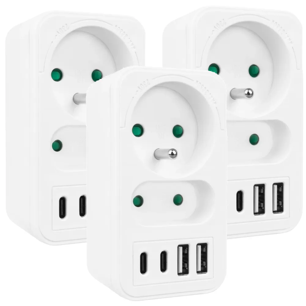 Maclean strömuttag x2 + 4xUSB, splitter med 2 uttag, 2xUSB , 2xUSB C PD 20W, 1x16A + 1x6A, MCE249 F/W, 3 st