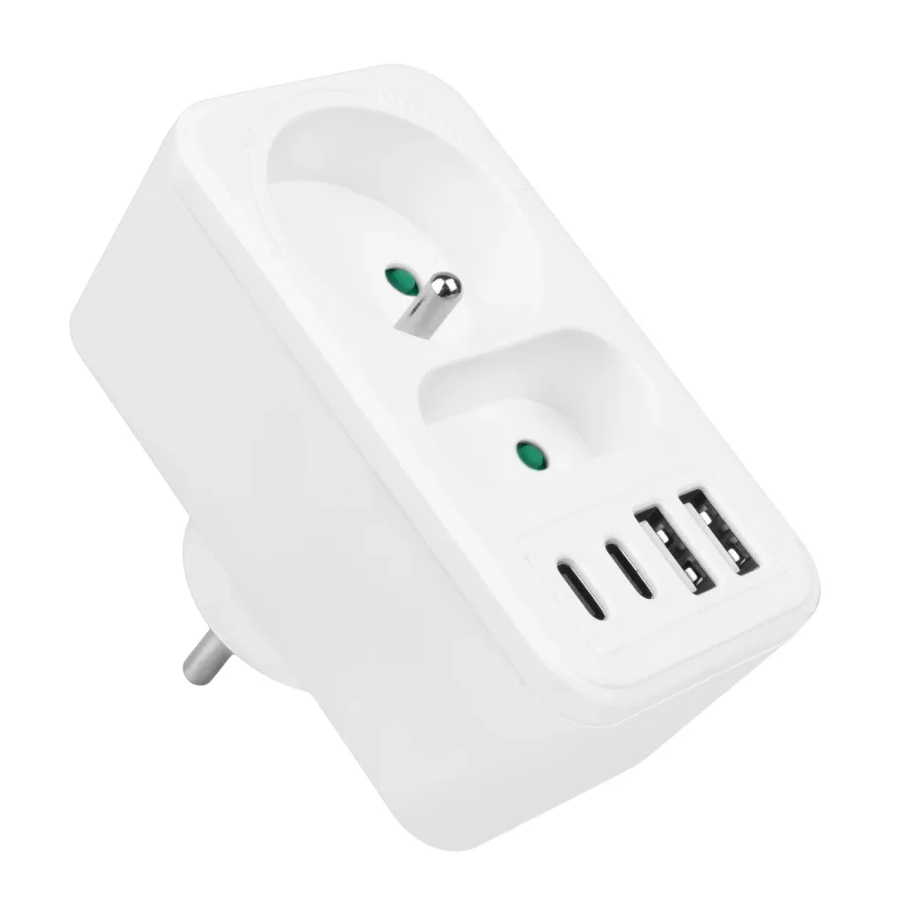 Maclean strömuttag x2 + 4xUSB, splitter med 2 uttag, 2xUSB , 2xUSB C PD 20W, 1x16A + 1x6A, MCE249 F/W, 3 st