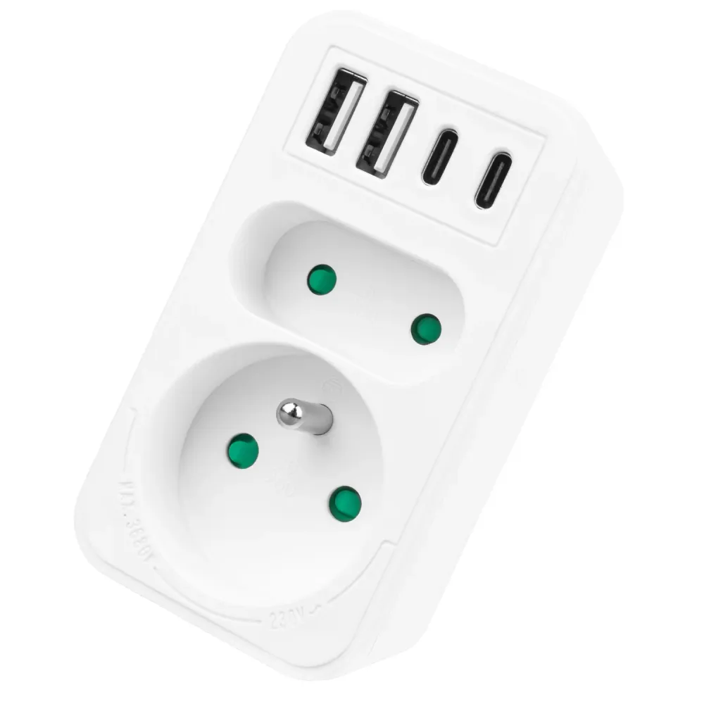 Maclean strömuttag x2 + 4xUSB, splitter med 2 uttag, 2xUSB , 2xUSB C PD 20W, 1x16A + 1x6A, MCE249 F/W, 3 st