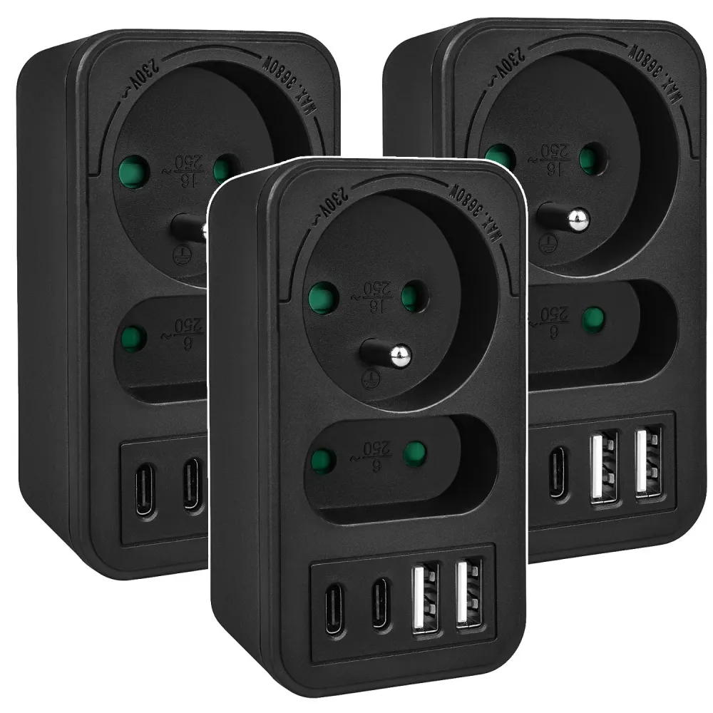 Maclean strömuttag x2 + 4xUSB, splitter med 2 uttag, 2xUSB , 2xUSB C PD 20W, 1x16A + 1x6A, MCE249 F/B, 3 st