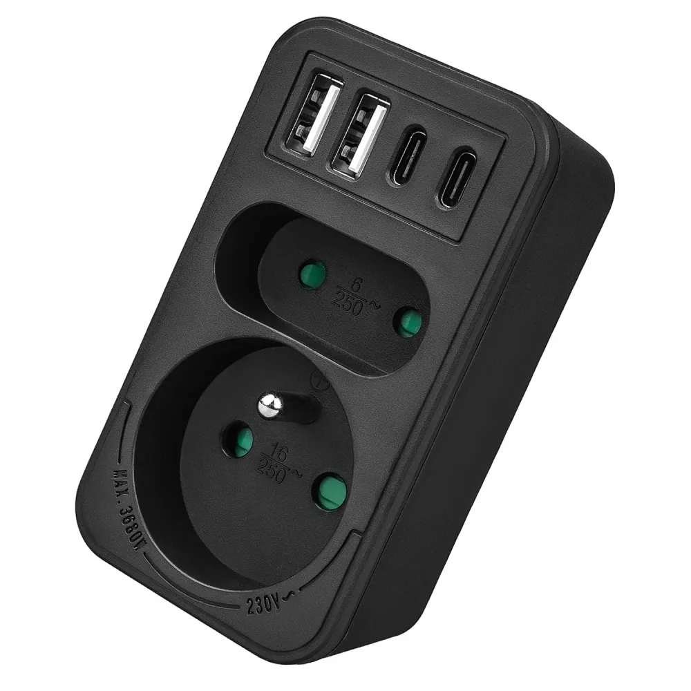 Maclean strömuttag x2 + 4xUSB, splitter med 2 uttag, 2xUSB , 2xUSB C PD 20W, 1x16A + 1x6A, MCE249 F/B, 3 st