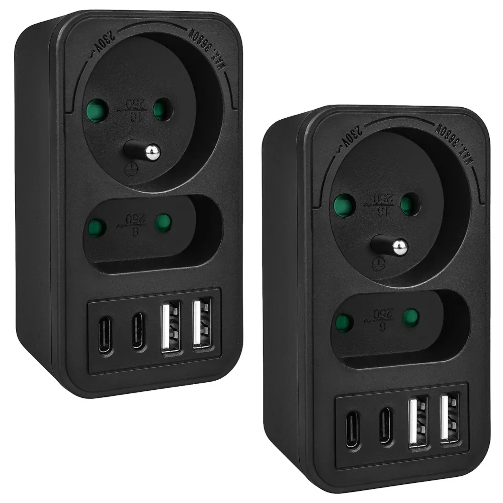 Maclean strömuttag x2 + 4xUSB, splitter med 2 uttag, 2xUSB , 2xUSB C PD 20W, 1x16A + 1x6A, MCE249 F/B, 2 st