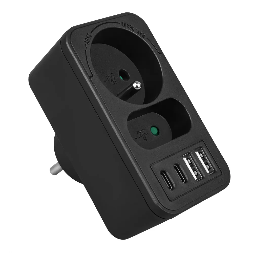 Maclean strömuttag x2 + 4xUSB, splitter med 2 uttag, 2xUSB , 2xUSB C PD 20W, 1x16A + 1x6A, MCE249 F/B, 2 st