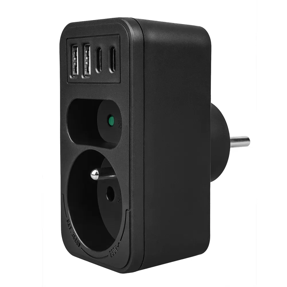 Maclean strömuttag x2 + 4xUSB, splitter med 2 uttag, 2xUSB , 2xUSB C PD 20W, 1x16A + 1x6A, MCE249 F/B, 2 st