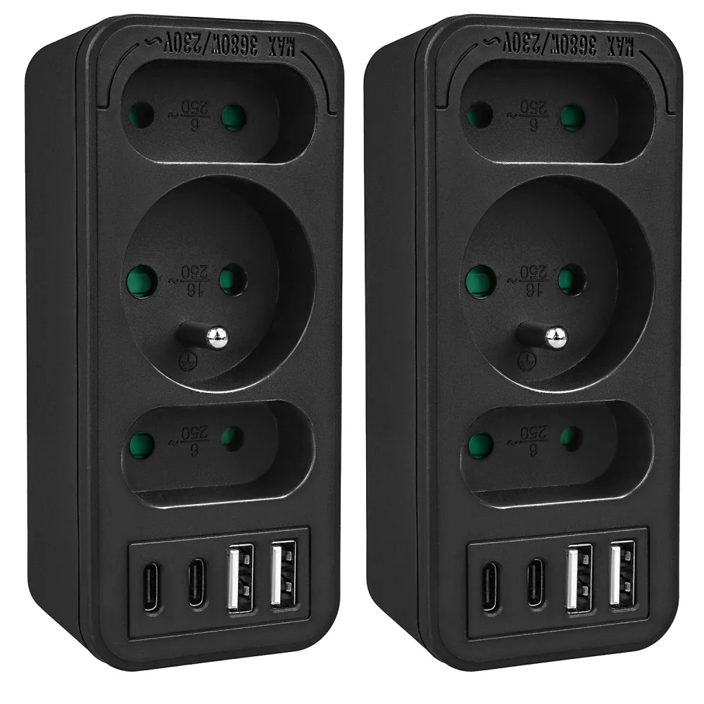 Strömuttag x3 + 4xUSB Maclean, 3-facks splitter, 2xUSB , 2xUSB C PD 20W, 1x16A + 2x6A, MCE248 F/B, 2 st