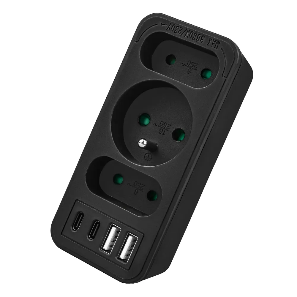 Strömuttag x3 + 4xUSB Maclean, 3-facks splitter, 2xUSB , 2xUSB C PD 20W, 1x16A + 2x6A, MCE248 F/B, 2 st