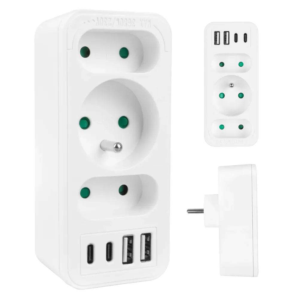 Strömuttag x3 + 4xUSB Maclean, 3-facks splitter, 2xUSB , 2xUSB C PD 20W, 1x16A + 2x6A, MCE248 F/W