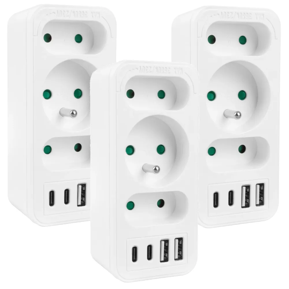 Strömuttag x3 + 4xUSB Maclean, 3-facks splitter, 2xUSB , 2xUSB C PD 20W, 1x16A + 2x6A, MCE248 F/W, 3 st