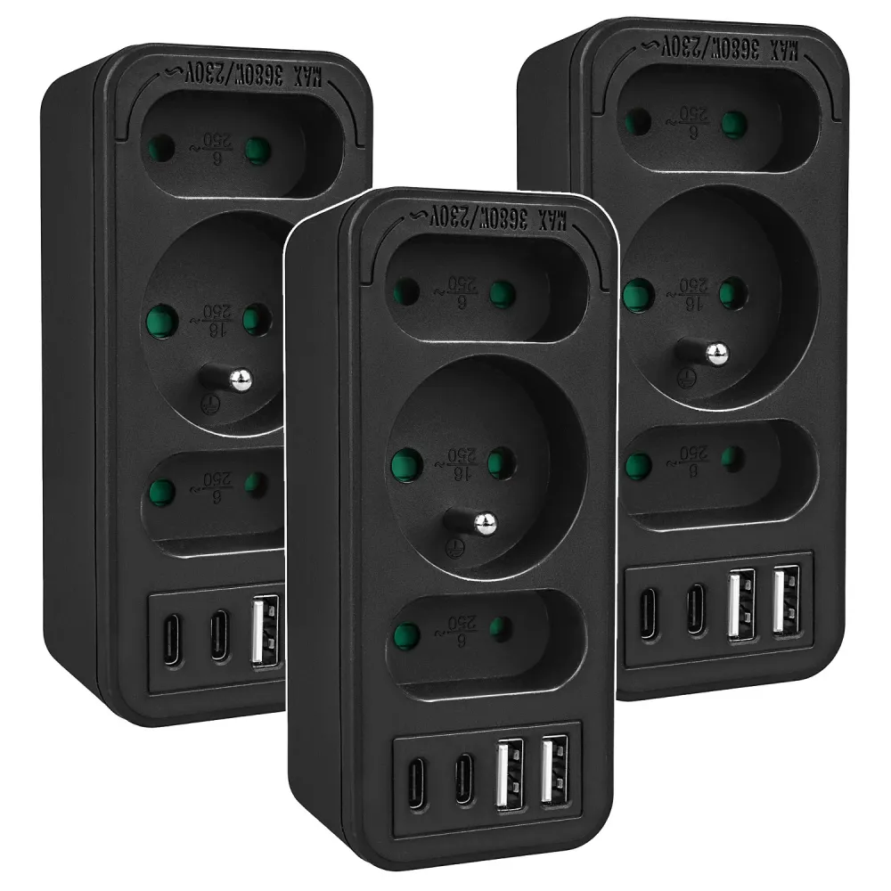 Strömuttag x3 + 4xUSB Maclean, 3-facks splitter, 2xUSB , 2xUSB C PD 20W, 1x16A + 2x6A, MCE248 F/B, 3 st