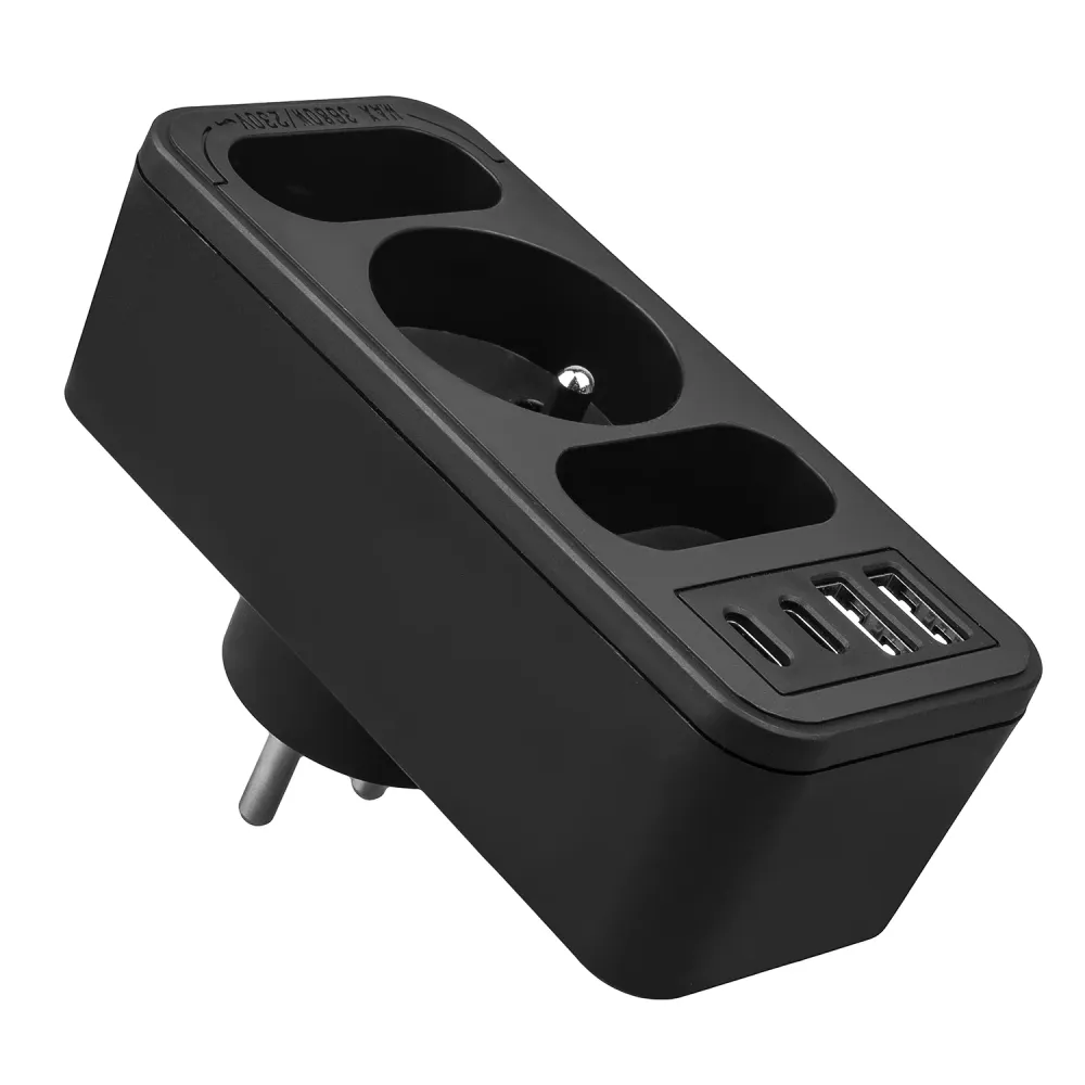 Strömuttag x3 + 4xUSB Maclean, 3-facks splitter, 2xUSB , 2xUSB C PD 20W, 1x16A + 2x6A, MCE248 F/B, 3 st