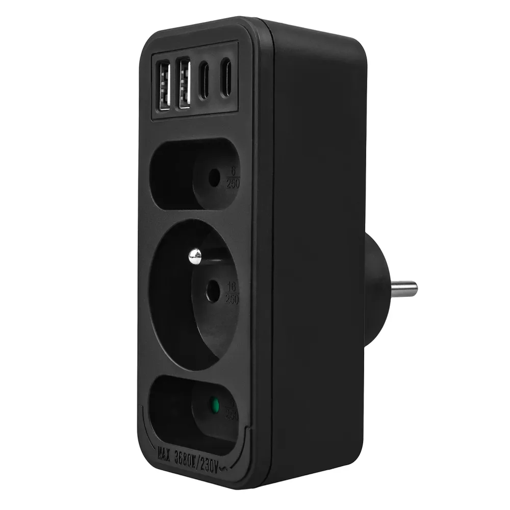 Strömuttag x3 + 4xUSB Maclean, 3-facks splitter, 2xUSB , 2xUSB C PD 20W, 1x16A + 2x6A, MCE248 F/B, 3 st