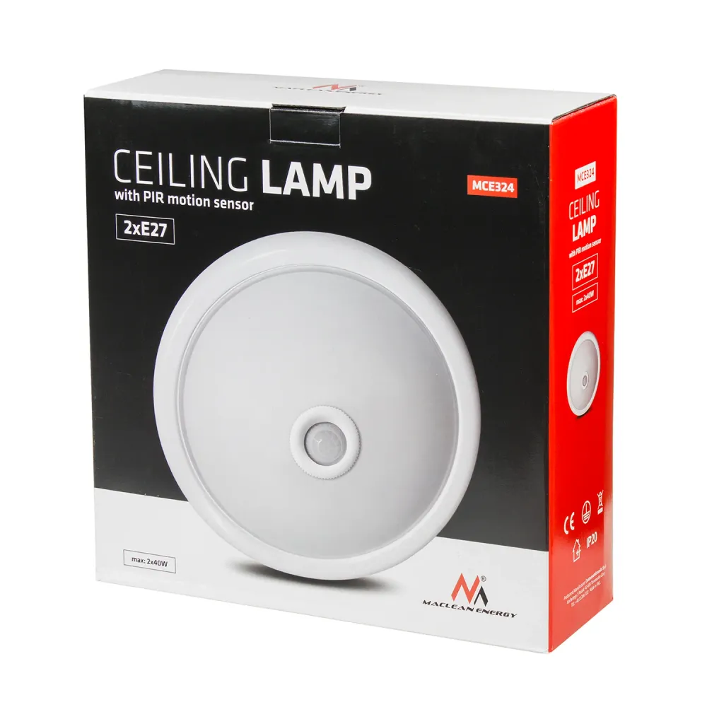 Plafond med PIR-sensor Maclean, tak, med LED-ljuskälla, 2x max. 40W, E27, 220-240V~ 50/60Hz, MCE324 + 2xMCE266