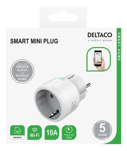 Plastplug Strömbrytare/Plug Relä, WiFi, Deltaco Smart Home, Smart Kompakt Plug, (EU), 10A, timer, Vit