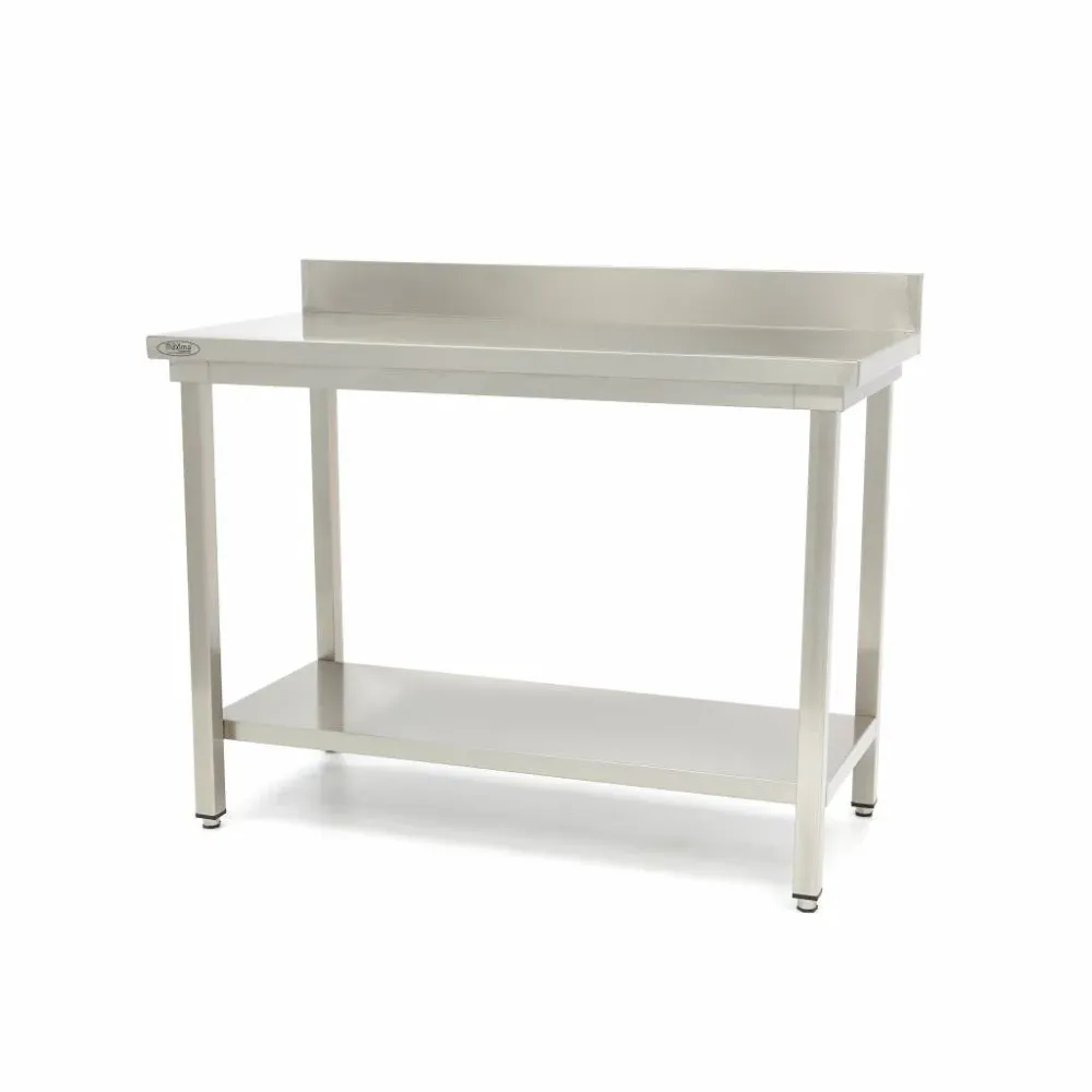 Bord i rostfritt stål - 80 x 60 cm - Justerbar höjd - med ryggplatta och förvaringshylla