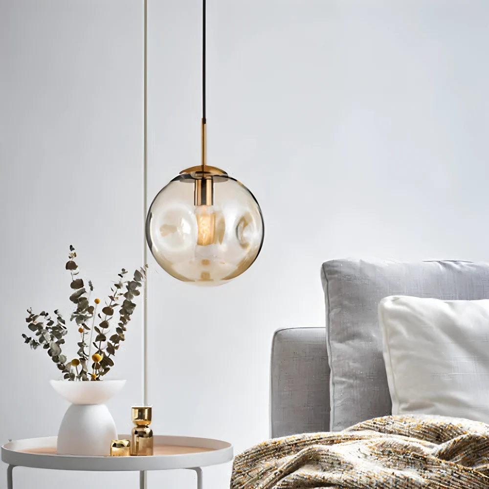 AmberGleam – Antik Pendellampa i Champagnegrått Glas & Krom 25