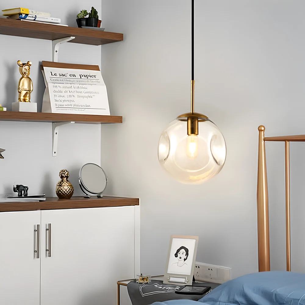 AmberGleam – Antik Pendellampa i Champagnegrått Glas & Krom 25