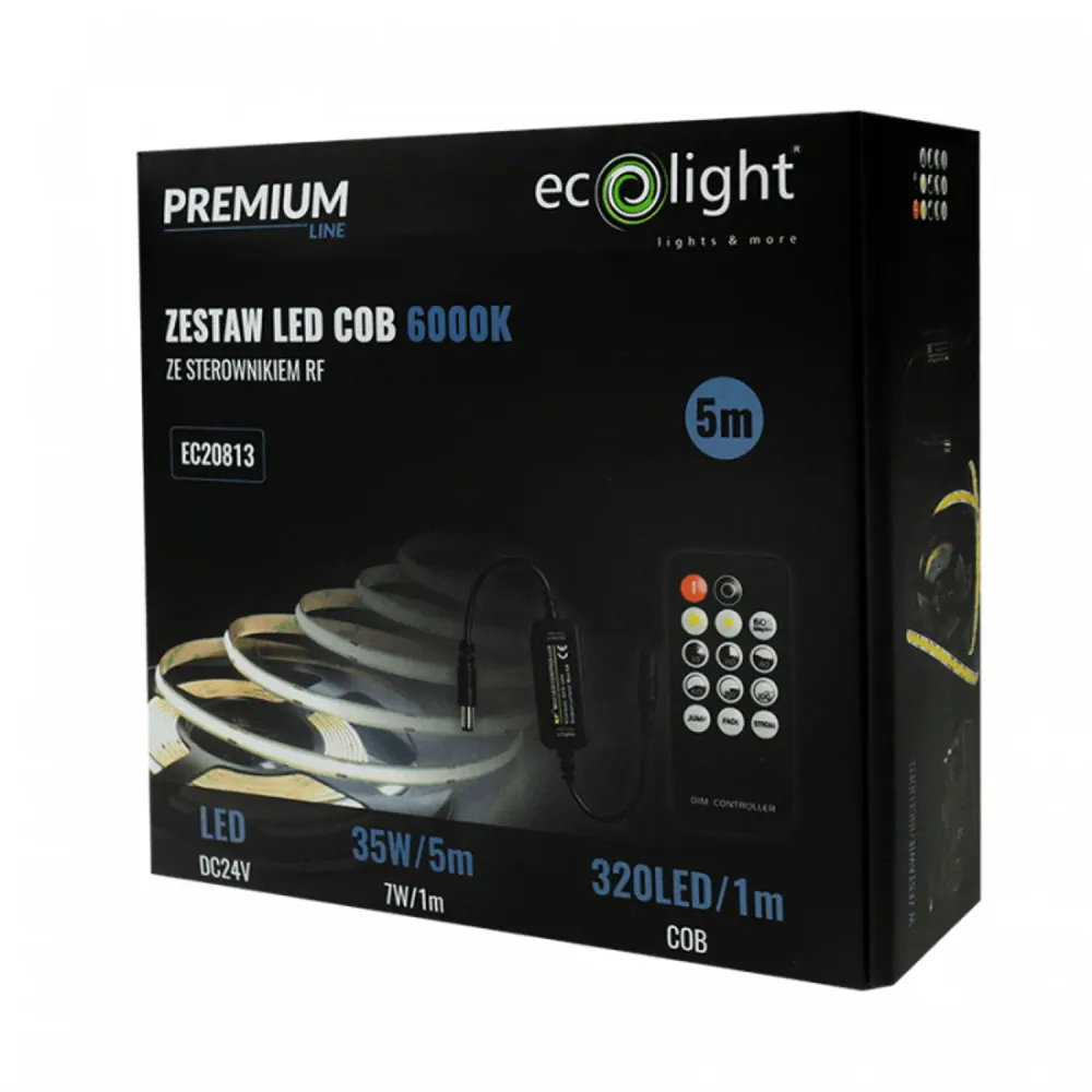 EcoLight LED-strip, 5m, IP20, 6000K, strömförsörjning, fjärrkontroll, EC20811