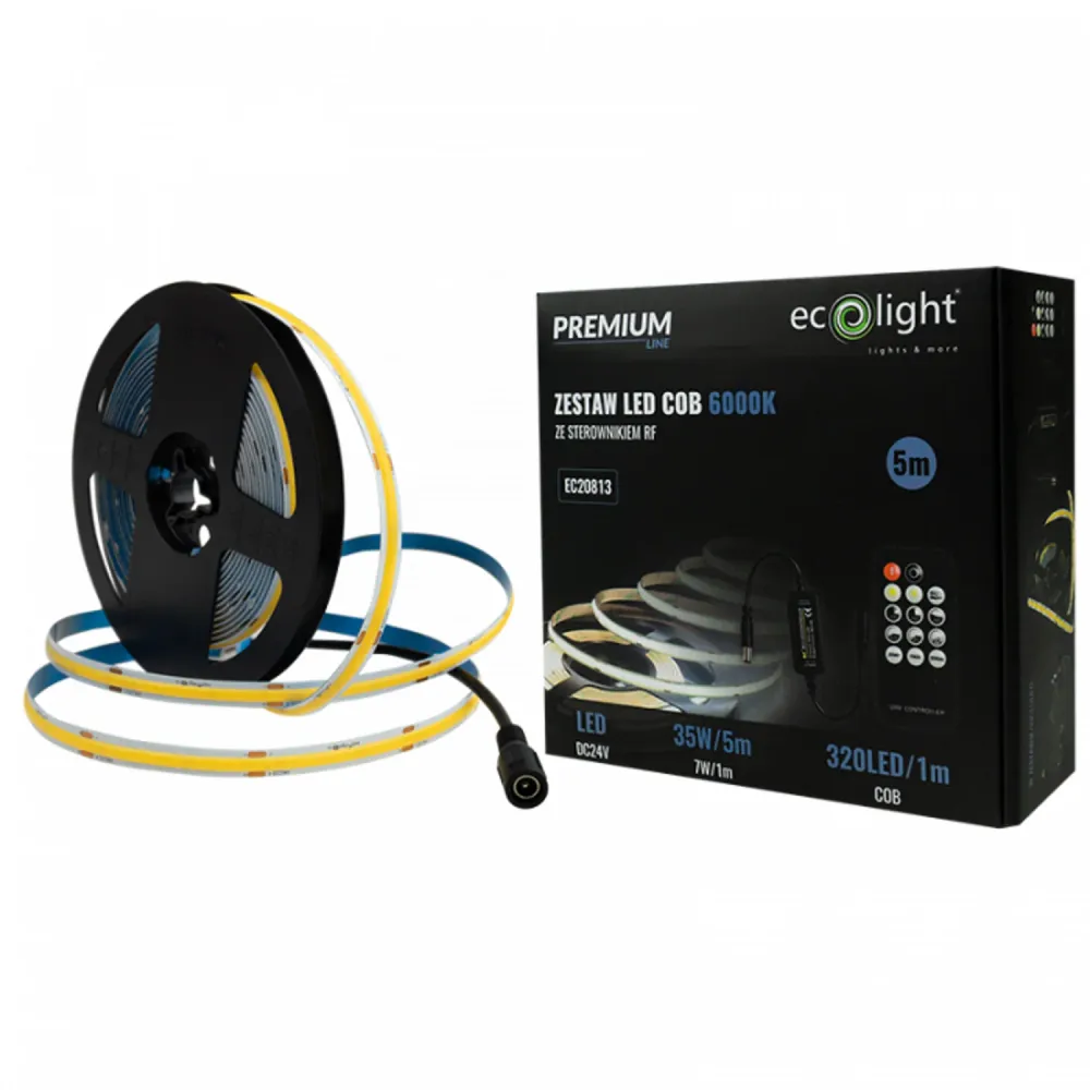 EcoLight LED-strip, 5m, IP20, 6000K, strömförsörjning, fjärrkontroll, EC20811