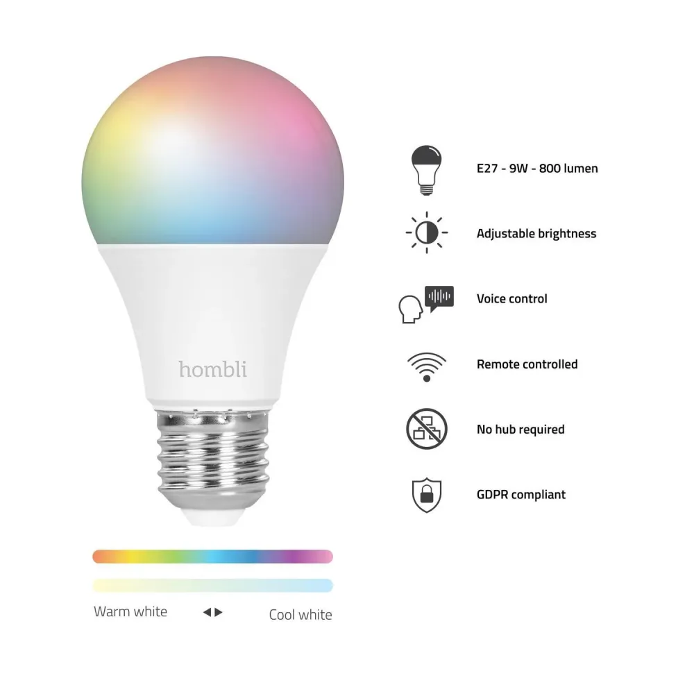 Automated lampa, WiFi, Hombli Smart Bulb E27, LED, RGB & CCT, 9W, Dimbar, Multifärg