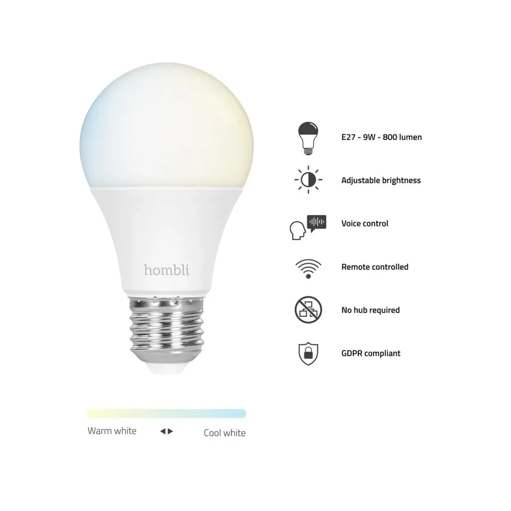 Automated lampa, WiFi, Hombli Smart Bulb E27, LED, CCT, 9W, Dimbar 2/fp
