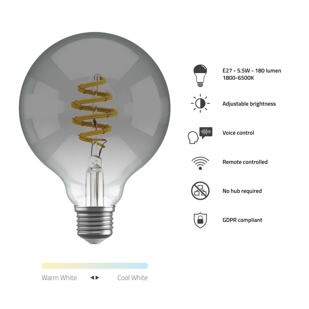 Smart lampa, WiFi, Hombli Connected Bulb Smokey G95, E27, LED, CCT, 5,5W, Dimbar, Retro Filament, med retrofilament