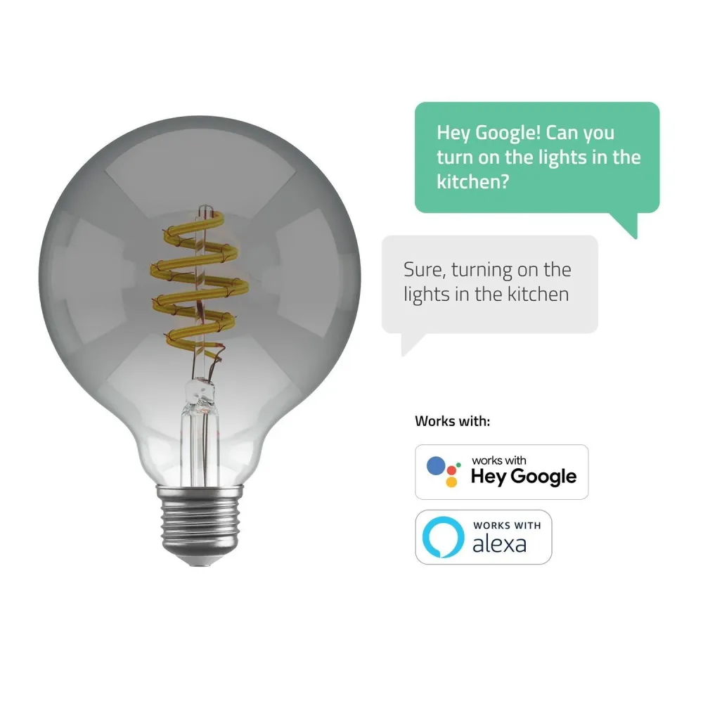 Smart lampa, WiFi, Hombli Connected Bulb Smokey G95, E27, LED, CCT, 5,5W, Dimbar, Retro Filament, med retrofilament