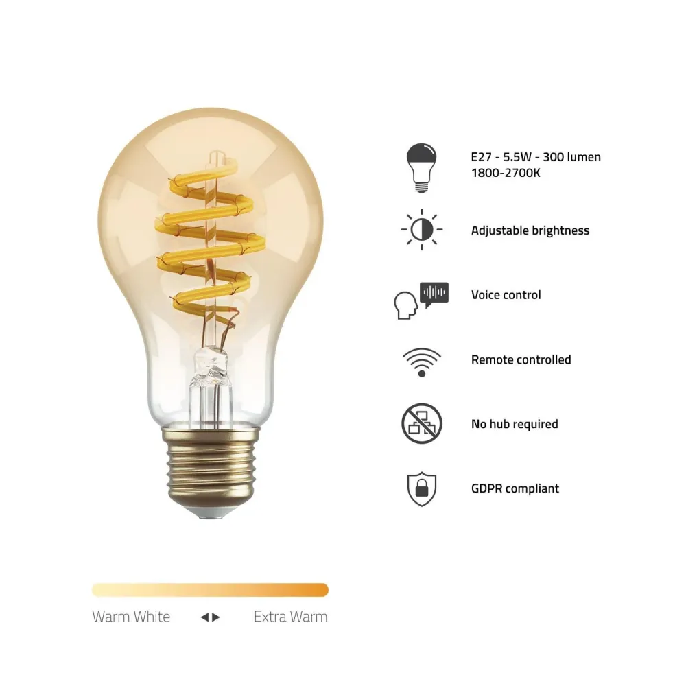 Smart lampa, WiFi, Hombli Smart Bulb Amber A60, E27, LED, CCT, 5,5W, Dimbar, Classic Filament, med retrofilament Energy St...