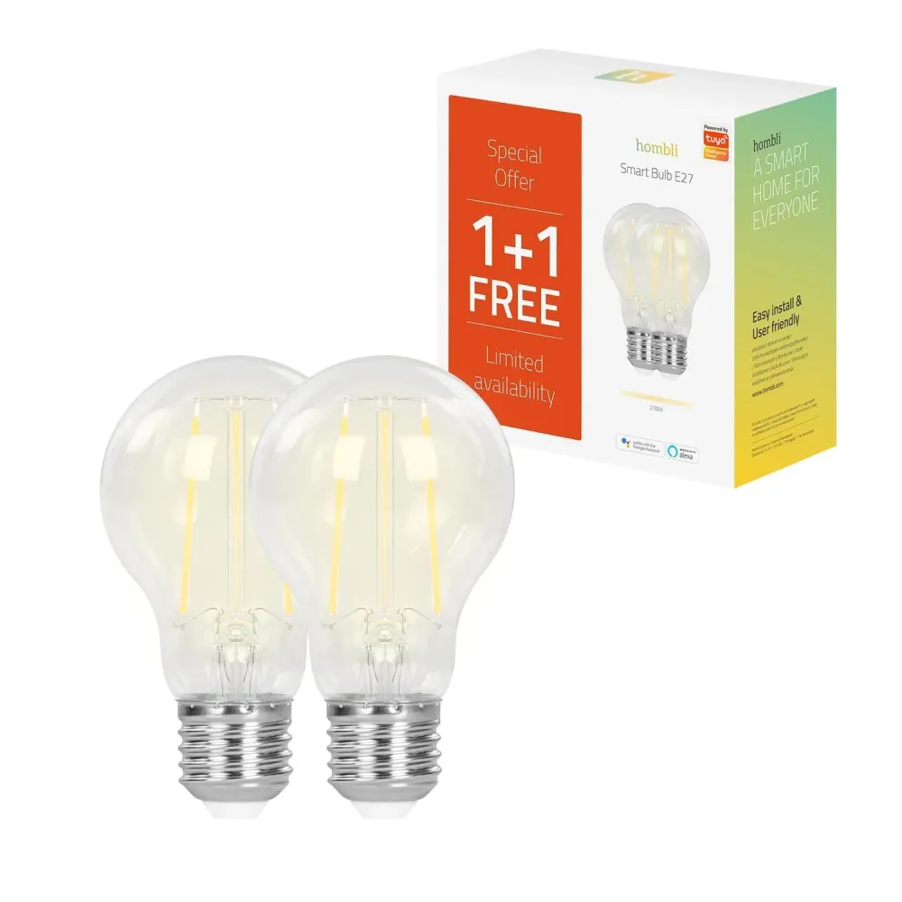 Smart lampa, WiFi, Hombli Smart Bulb E27, LED, CCT, 7W, Dimbar, Vintage Filament, med retrofilament 2/fp 10-Year Warranty