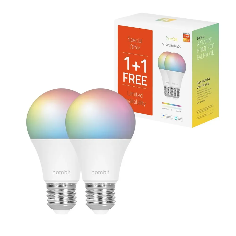 Smart lampa, WiFi, Hombli Wi-fi Bulb E27, LED, RGB & CCT, 9W, Dimbar, Multifärg, 2/fp