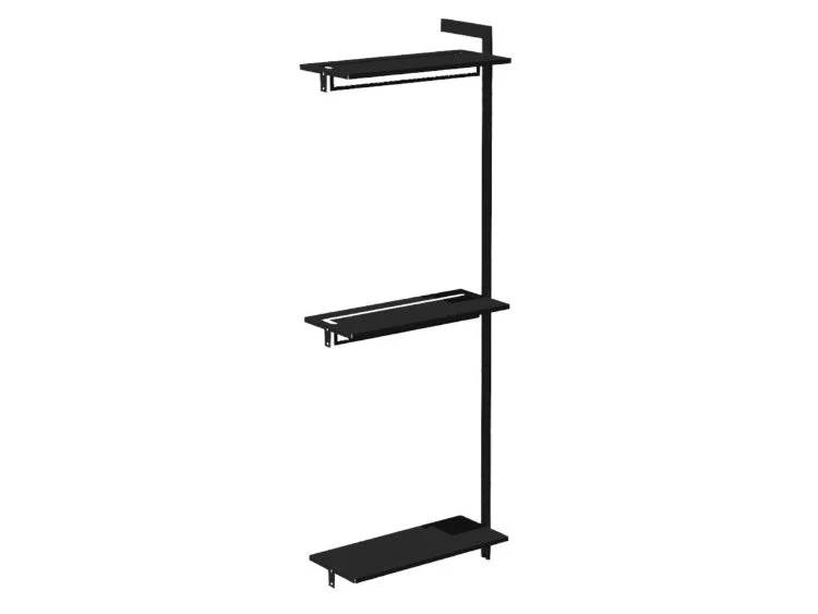 Förlängningsmodul AXIS – 71 × 205 cm, svartlackerat, 2 hyllor med klädstång + 1 hylla