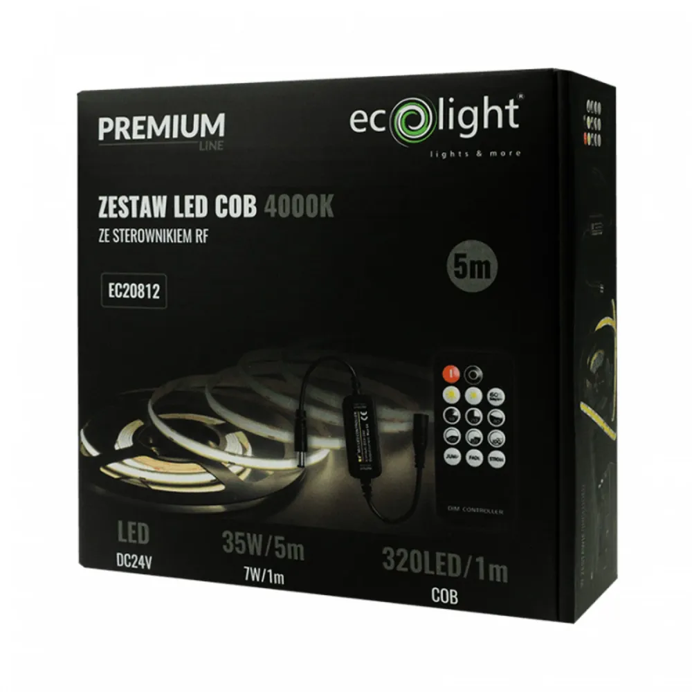 LED-list EcoLight, 5m, IP20, 4000K. strömförsörjning, fjärrkontroll, EC20812