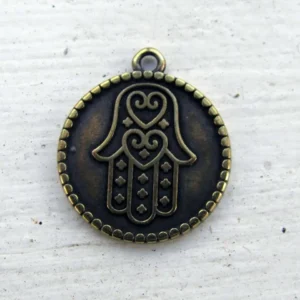 Berlock bronsfärgad - Rund med hamsa 20mm 1 styck