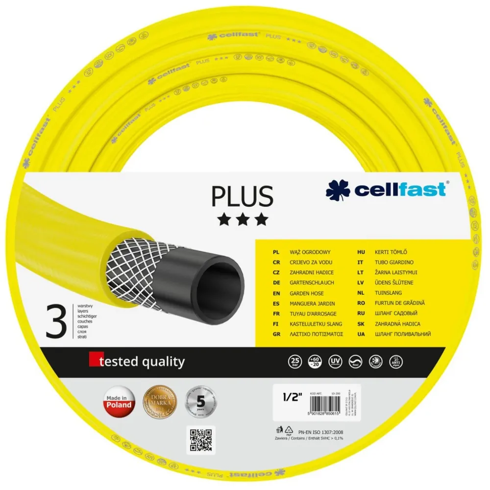 Cellfast Plus 1/2" 15m 3-lagers trädgårdsslang heavy-duty och flexibel