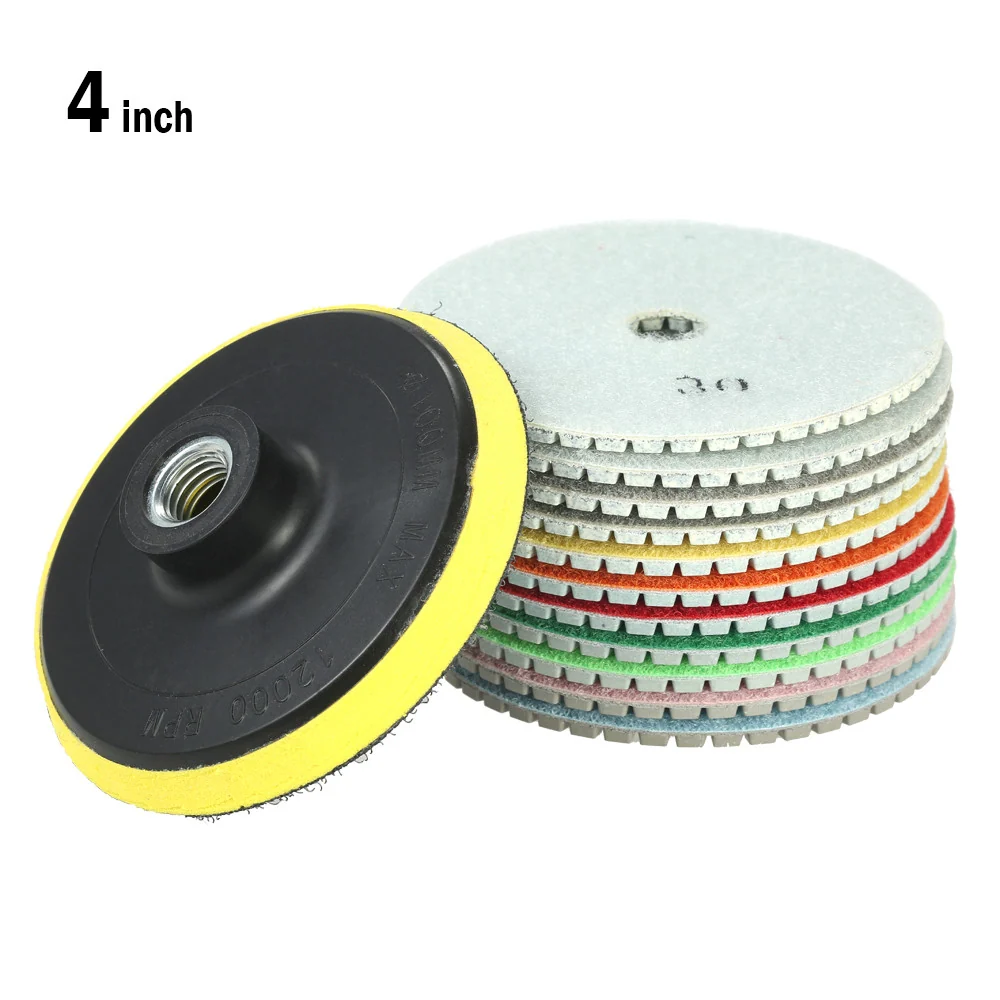 11pcs 4" Diamond Wet Polishing Pads Grinding Disc + 1pc Backing Pad Granite Marble Stone Ceramic Tile Concrete Dyna Gem