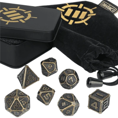 ENHANCE Bordsrollspel 7pc DnD Metalltärningsset med Fodral och Tärningspåse