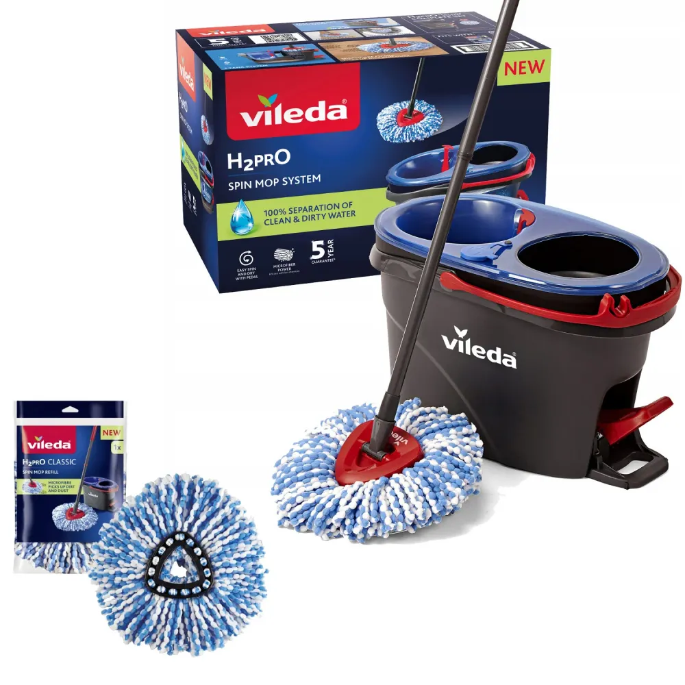 Vileda roterande mopp, två kammare, centrifugeringssystem, vikbart skaft, enkel rengöring av hörn, turbo H2prO + further p...